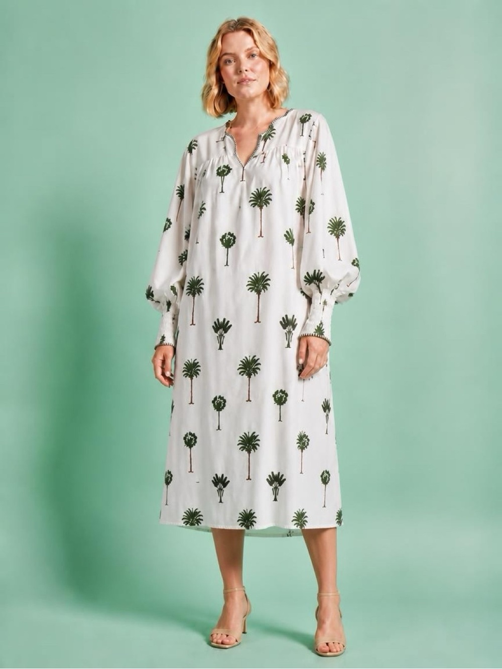 MISSLOOK White Midi Dress with Green Palm Print